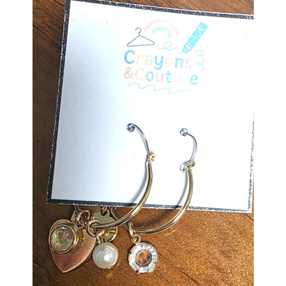 VTG GoldTone Heart Faux Pearl Crystal Dangle Earrings Latch Backs Pierced